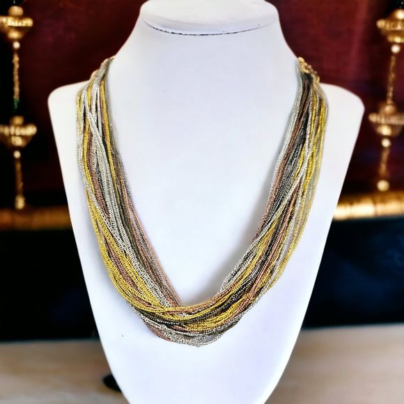 Statement Necklace Draping Multi Chain Chic Gold Silver Olive Copper Mixed Metal - Picture 5 of 8